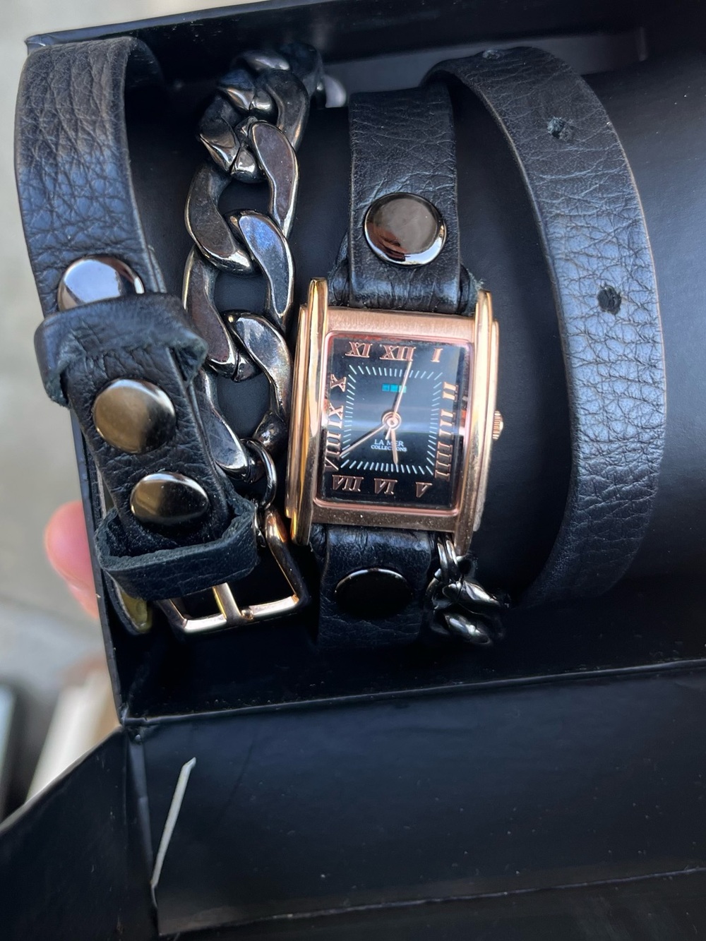 La Mer Black Leather Wrap Watch with Rose Gold and Chain Accent with Case